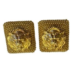 Vintage Lion Head RARE Square Shape Clip On Earrings Large Chunky Gold Tone